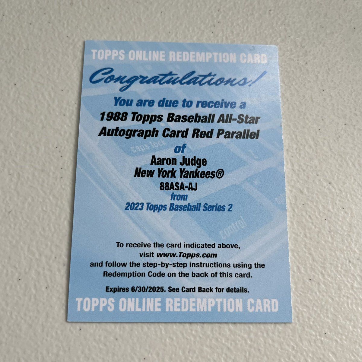 Xavier_Sanchez4's tweet photo. Finally got a jumbo hobby box of Topps Series 2 and pulled this awesome redemption:

1988 Topps Baseball All-Star Autograph Card Red Parallel of Aaron Judge!

First Judge auto for me! @CardPurchaser

#ToppsSeriesTwo #TheHobby https://t.co/PmFrVcElTF
