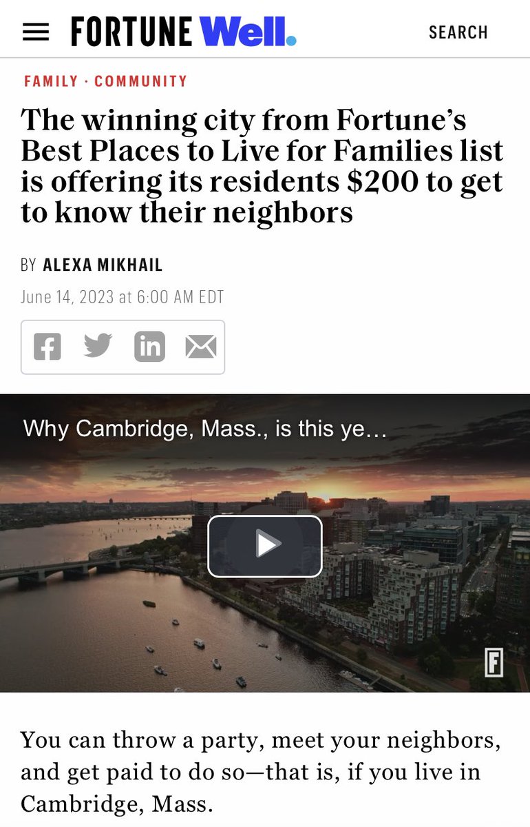 According to @FortuneMagazine, Cambridge is the #1 place in the US for families to live, and they spotlighted our efforts to encourage block parties and #PlayStreets as a major factor!
#PublicSpaceLab fortune.com/well/2023/06/1…