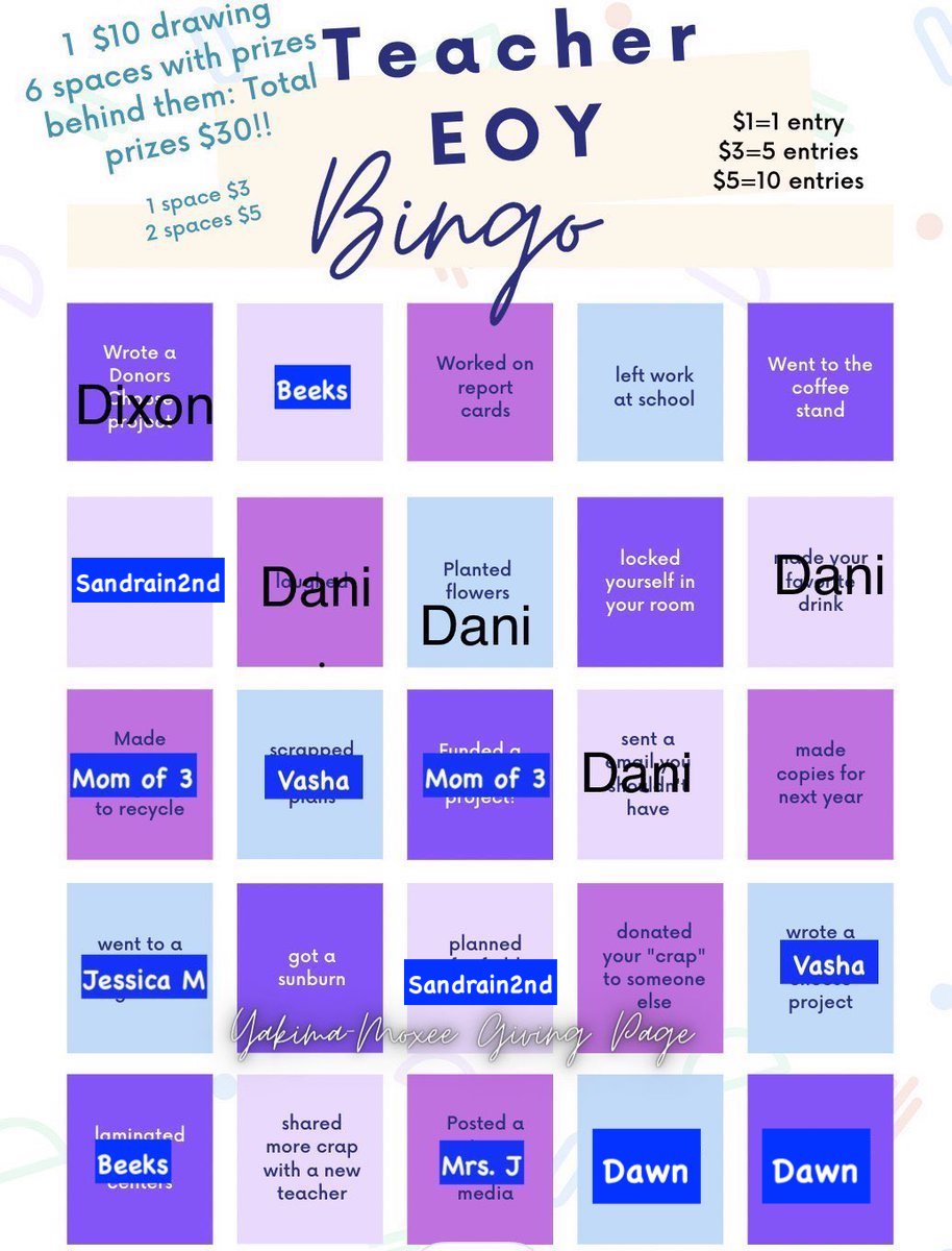 8 spaces left!   Win $30? $3 for one space   $5 for two spaces   Each dollar enters you for a $10 drawing.   6 special spaces on the board totaling $20  $1=1 entry $3=5 entries $5=10 entries
@LoriTecler
@classroommusic1
@TananaLMahood Please share 🥰🍎🍎
donorschoose.org/moxee-elementa…