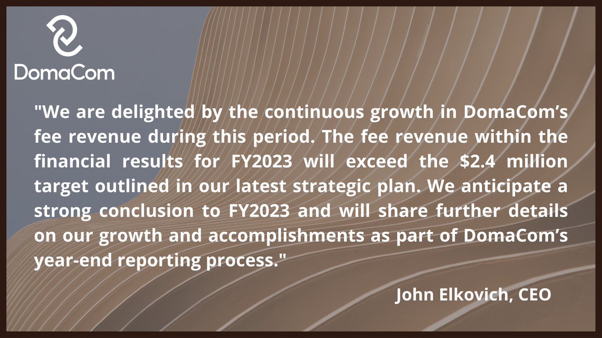 DomaCom (ASX:DCL) has announced that year-to-date fee revenue generated from the DomaCom Fund has exceeded the target of $2.4 million set in the strategic plan for the year, which was released in mid-calendar 2022 | ASX announcement: announcements.asx.com.au/asxpdf/2023061…