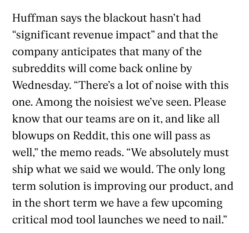 Reddit CEO Steve Huffman called the #RedditBlackout “noise… that will pass.” and that there has been no significant revenue impact. I implore all subreddits who have gone dark to STAY DARK!! For real change to happen, we have to hit them where it hurts, in their wallets. 🧵