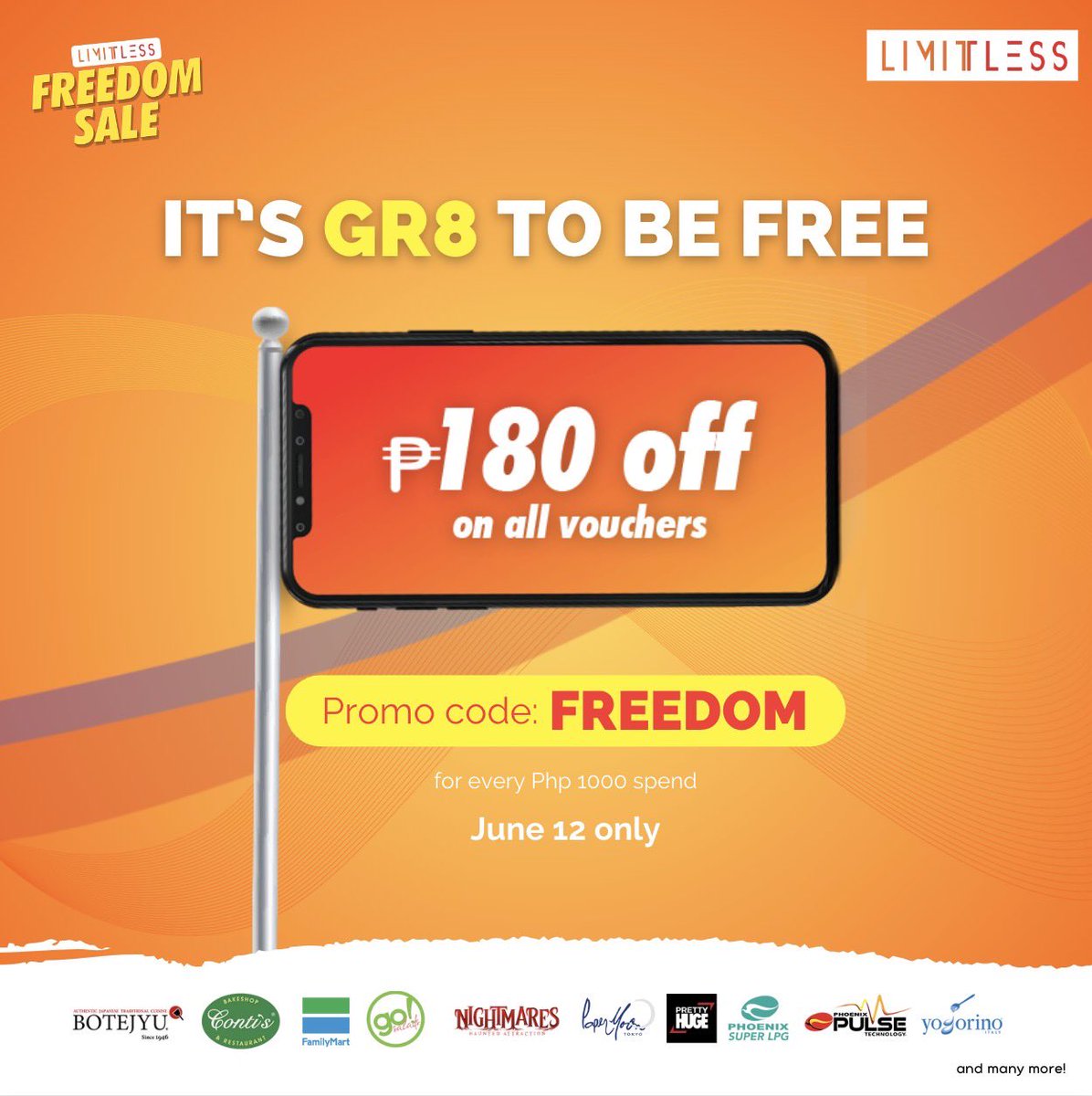 Today, we celebrate the Philippine Independence day… and OUR ANNIVERSARY! 

Be FREE to checkout vouchers from Phoenix fuel, FamilyMart, Phoenix SUPER LPG, Botejyu, Conti’s Nightmares Manila, and many more, with Php 180 off for every Php 1,000 spend! 

Use the code “FREEDOM”