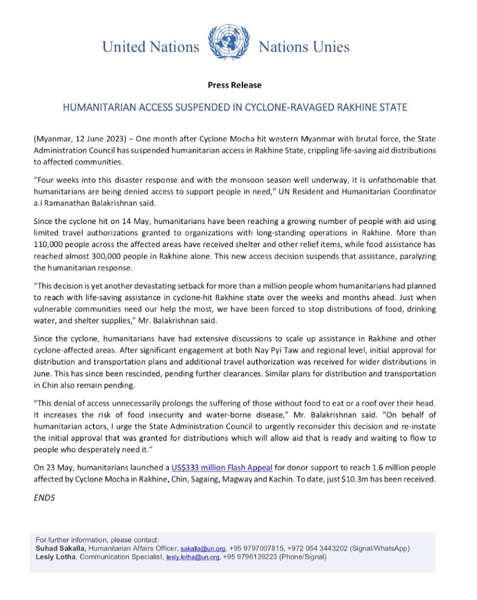 waiwainu's tweet photo. 1/ Frustrating news from @UNinMyanmar @ochamyanmar about #Myanmar junta's suspension of aid to #Rakhine. UN, INGOs, govts should've overcome its convenient, or willful, negligence of #WhatsHappeningInMyanmar &amp; #Rohingya genocide to prepare for this outcome before #CycloneMocha. https://t.co/orA7q2IRrO