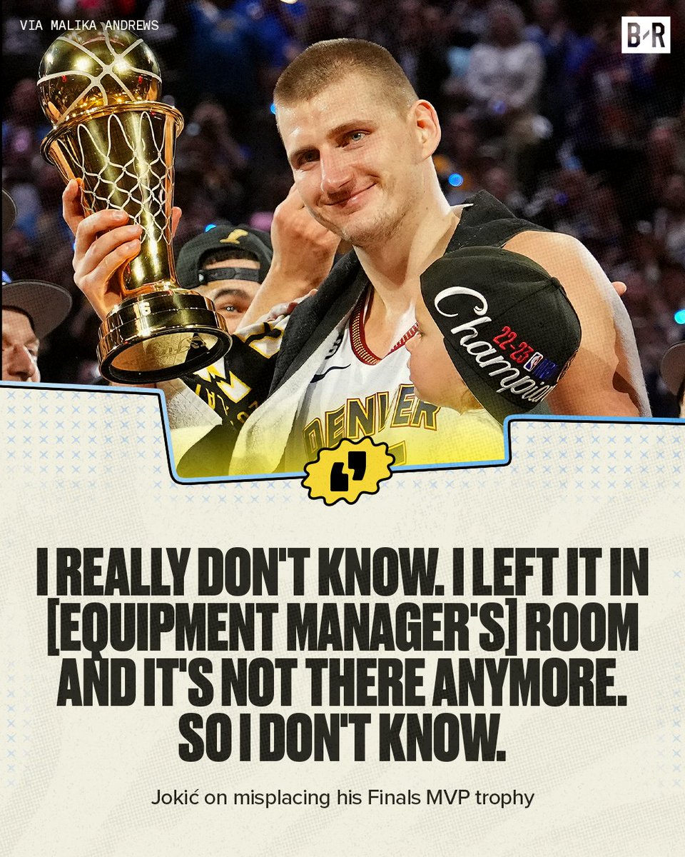 BleacherReport's tweet image. Jokić has lost his Finals MVP Trophy 😂

(via @malika_andrews)