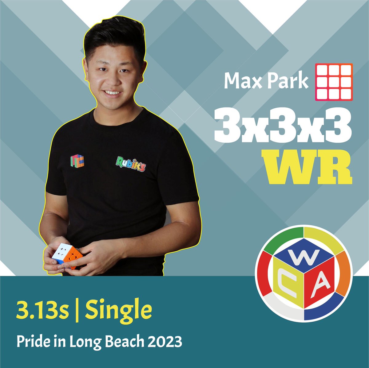 theWCAofficial's tweet photo. After 4+ years, Max Park finally breaks the 3x3 World Record Single lowering it down to 3.13 seconds!
Incredible skills and congratulations once again! 👏👏 https://t.co/tlh57DfQH4