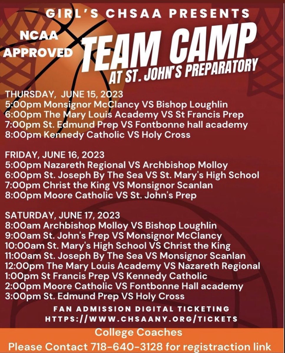 Excited to compete with my McClancy HS team at the CHSAA Team Camp. Thrilled at the opportunity to play with my HS teammates.

Go Crusaders!!!!!!!!!!!

Thursday 6/15 at 5pm (Saint John’s Prep)- McClancy HS vs Bishop Loughlin

Saturday 6/17 at 9am- McClancy HS vs SJP