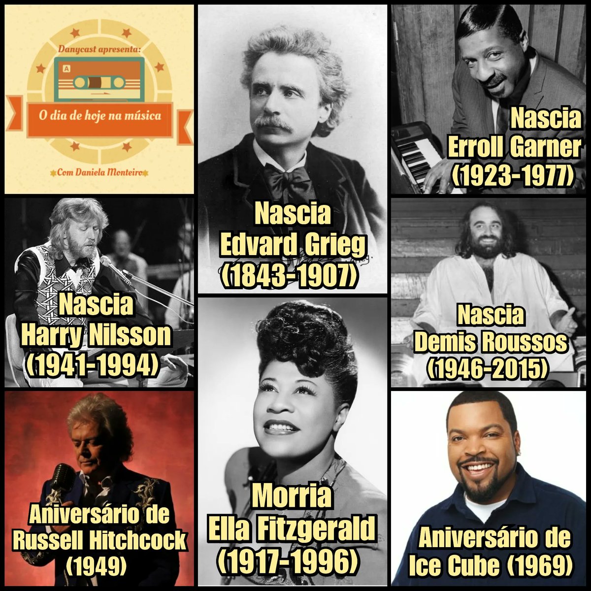 Edição 15 de junho! 🎶
#danycast #thisdayinmusic #hojenamúsica #edvardgrieg #errollgarner #misty #harrynilsson #demisroussos #icecube #russellhitchcock #airsupply #ellafitzgerald #jazz