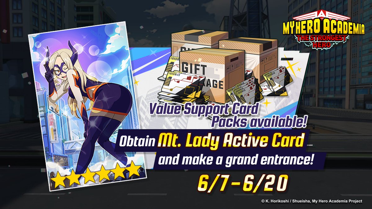 MHA_TSHGame_EU's tweet photo. Dear Agents,
Are you looking for an Active Card with high damage? Mt. Lady's Active Card is your choice! She can take down a tough enemy with one hit! Also, don't forget to check the special deals!
Event Time: Jun. 7th - 20th
#MHAStrongestHero #MHATSH #MyHeroAcademia https://t.co/BYx9sv4N9V