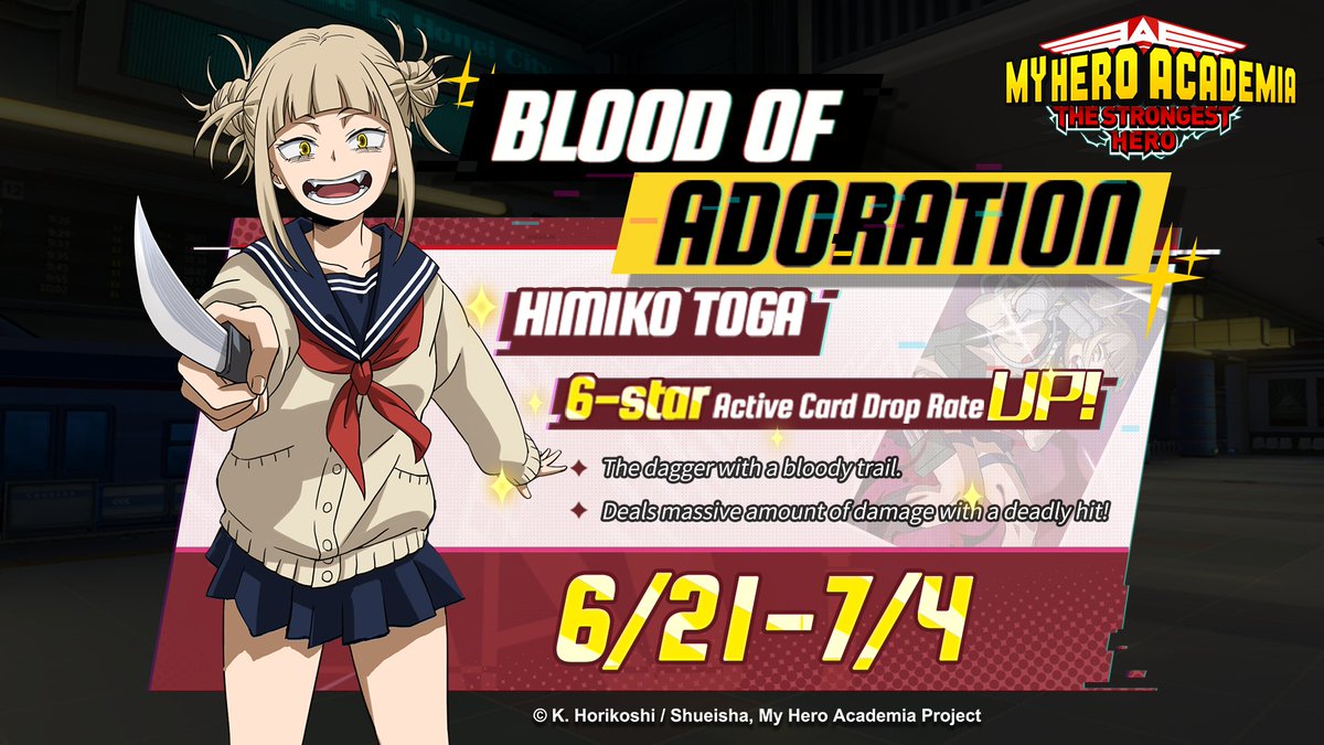 MHA_TSHGame_EU's tweet photo. Dear Agents,
Sometimes love hurts but it will be all fine if you have the adorable Himiko Toga fighting by your side! Active Card "Blood of Adoration" is now available for recruits! β€οΈβπ©Ήπ
Event Time: Jun. 21st - Jul. 4th
#MHAStrongestHero #MHATSH #MyHeroAcademia https://t.co/iIlFQDjdJw