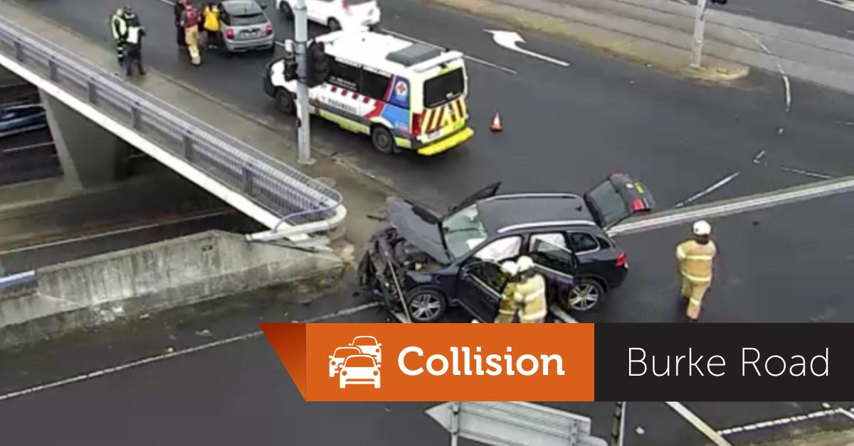 A left lane is blocked northbound on Burke Road heading over the Monash Freeway following a collision. Traffic is squeezing past on the inbound on-ramp, please watch out for emergency services with @VictoriaPolice, @FireRescueVic and @AmbulanceVic all on scene #victraffic