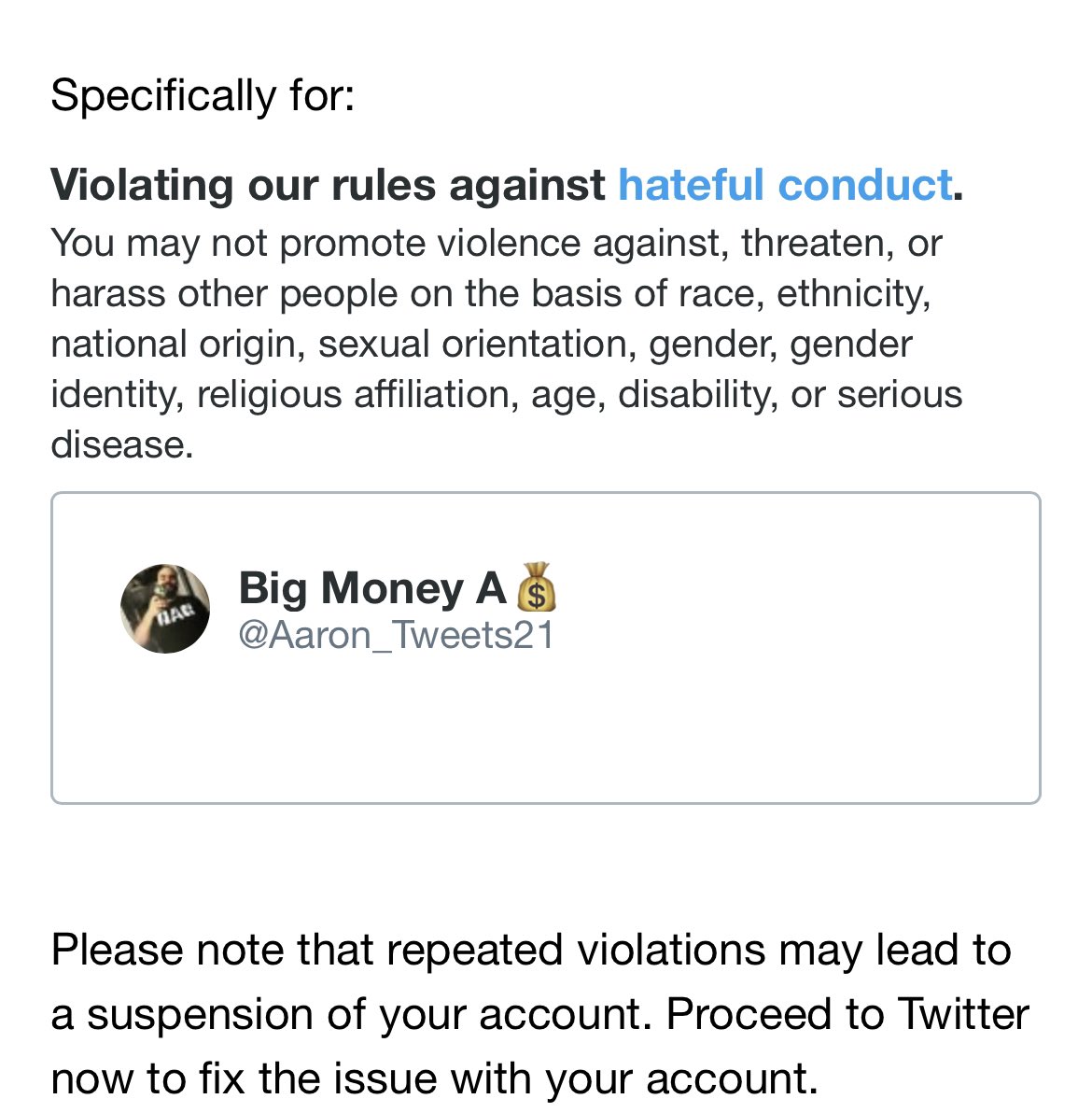 @Twitter gave me A 7 day suspension for this tweet right here. Can’t believe I would say such a hateful thing smh shame on me I’m sorry @elonmusk won’t happen again can I get an appeal? I don’t like the algorithm on this account