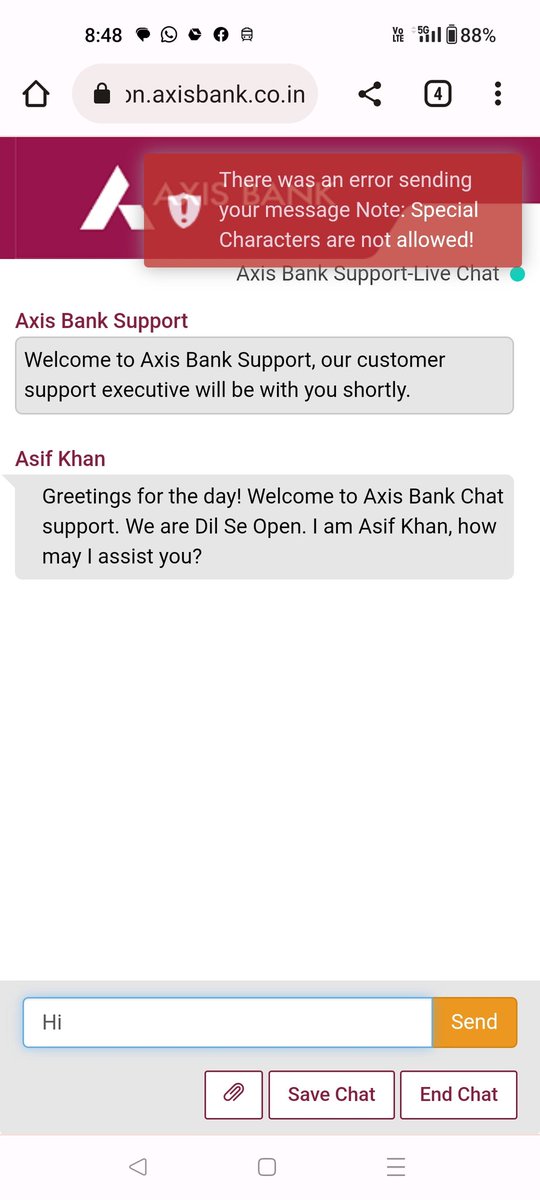 canikeshsheth's tweet photo. @AxisBank @AxisBankSupport 
Can you please guide where there is a special character in "Hi", which i am trying to send to resolve my query https://t.co/4Fxr2hvJ2W