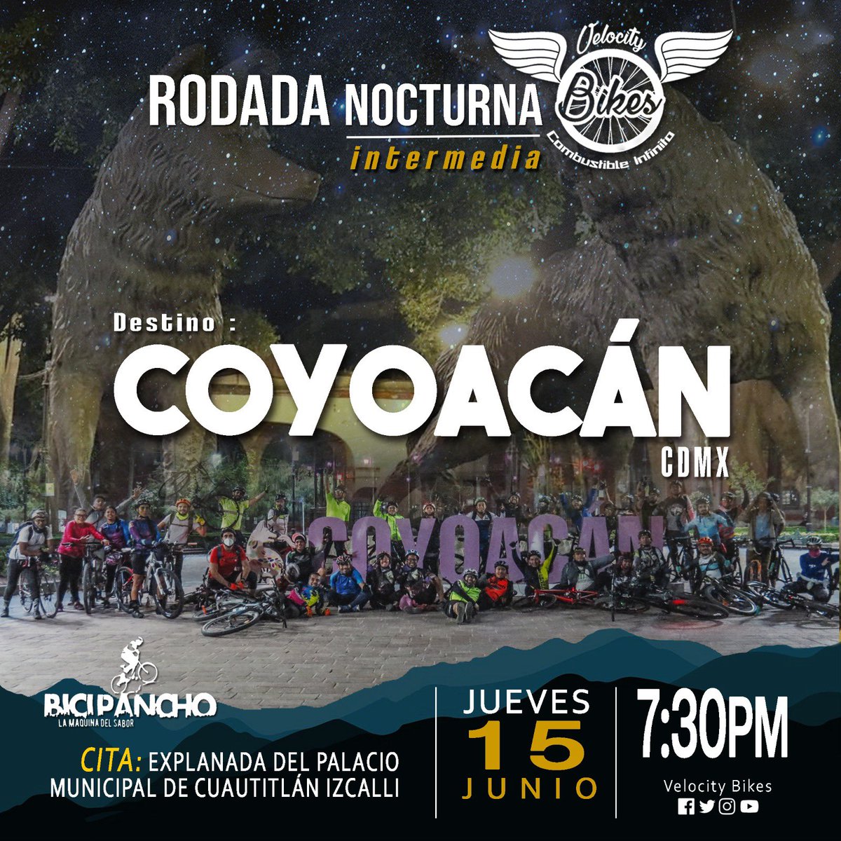 VelocityBikes_'s tweet photo. COYOACÁN 
Jueves 15 Junio / 7:30PM
@VelocityBikes_ 
#Coyoacan #RodadaNocturna #VelocityBikes #Izcalli #CDMX https://t.co/VQkEdjLcCN