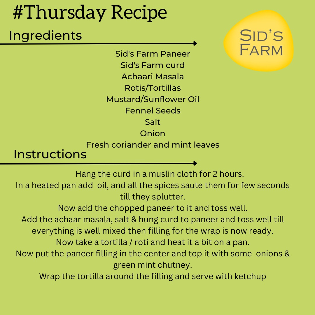 Sidsfarmpure's tweet photo. Healthy, tasty, and wrapped in flavour!- Looking for an easy and healthy snack? Try our Achaari #paneer wrap recipe that is packed with flavourful spices and loaded with the goodness of #Sidsfarm paneer!
#thursdayrecipe #HealthyEating #flavourfull https://t.co/RlKw4DOKj0