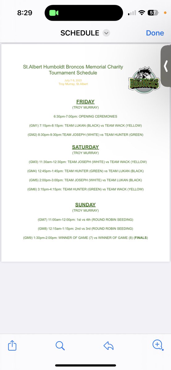 (1/2) We are less than a month away and so we figured it was a great time to drop the schedule for the 2023 St. Albert Humboldt Broncos Memorial Tournament! Can’t wait to see everyone at the rink again soon to remember and celebrate our boys💛💚