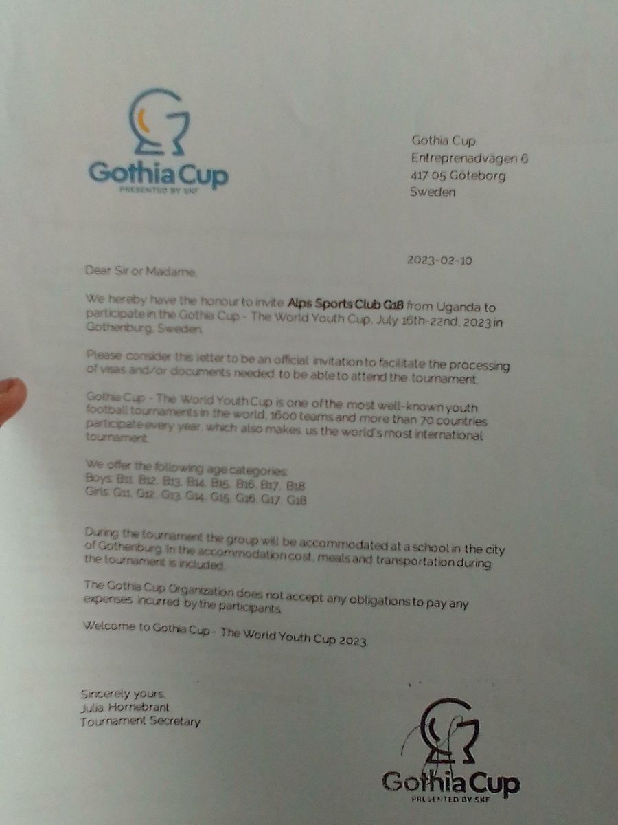 Alpscable1's tweet photo. Alps Sports Club Uganda to represent the country in the Gothia WORLD YOUTH FOOTBALL CUP in Gothenburg, Sweden with B11 team 42198 competing with 42 teams from 71 countries between 15/7-22/7. We request for @FrenchEmbassyUg @JanetMuseveni @KagutaMuseveni @OfficialFUFA @Gothia_Cup https://t.co/aQHwGsAxWC