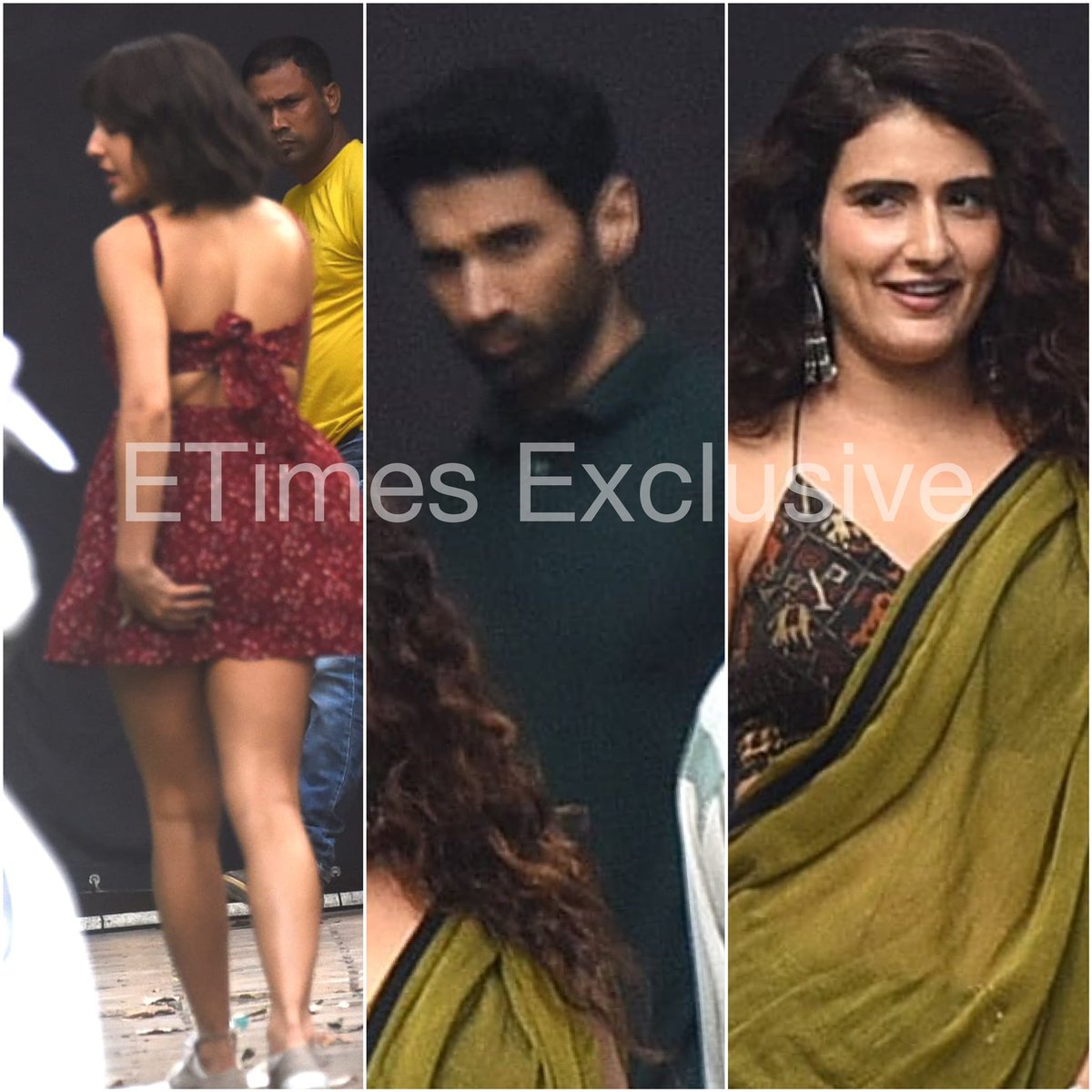 ETimes Exclusive: #SaraAliKhan looking stunning in short hair, #AdityaRoyKapur killing us with his good looks and #FatimaSanaShaikh looking gorgeous in a saree as they get spotted while shooting for their upcoming movie in the city. 

Photo: Rajendra Shelar