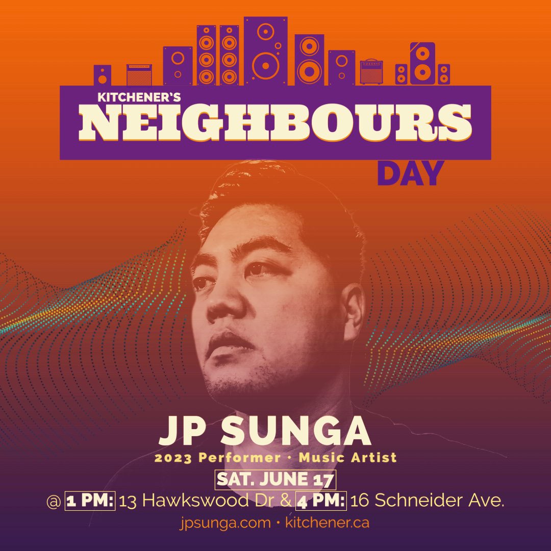 Playing Neighbours Day this Sat June 17. Catch me at either 1pm @ 13 Hawkswood Dr or 2pm @ 16 Schneider Ave, Kitchener #Kitchener #NeighboursDay #NeighboursDay2023 #JPSUNGA #MusicArtist #SingerSongwriter #KWAwesome #WRAwesome #LiveMusic #Concert #PorchConcert #CommUNITY