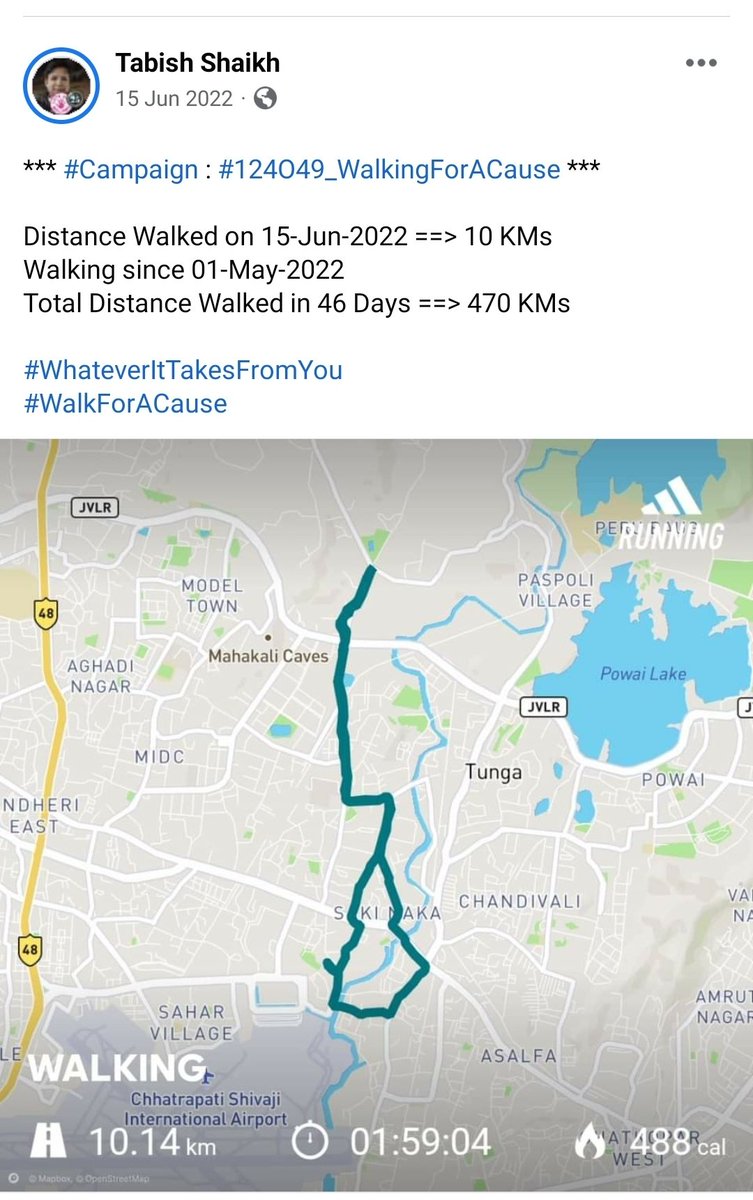 * #Campaign : #124O49_WalkingForACause *

Distance Walked on 15-Jun-2022 ==> 10 KMs
Walking since 01-May-2022 
Total Distance Walked in 46 Days ==> 470 KMs

#WhateverItTakesFromYou
#WalkForACause 

@Infosys