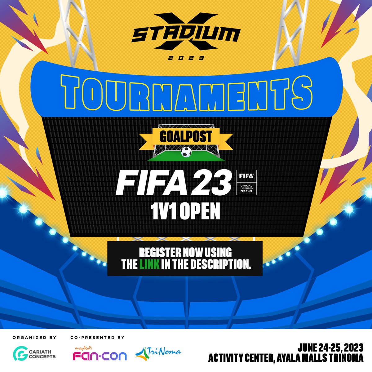 stadiumxgg's tweet photo. All eyes are on the goalpost! Join the #StadiumX #FIFA23 1v1 Open! Happening this June 24-25, 2023 in the Activity Center, @trinomatweets 

REGISTRATION NOW - https://t.co/XTxvUrJw7y

Registration is free, see you there! https://t.co/2wLnt6ngdZ