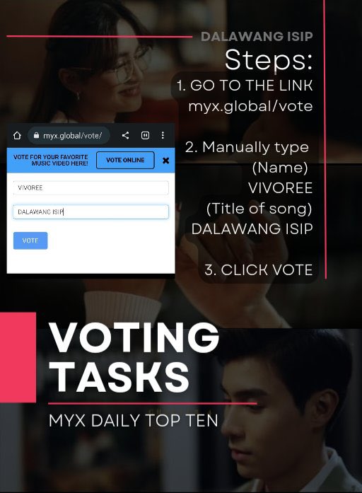 VlieversSH's tweet photo. Tara Vote!

MYX VOTING TASKS
1. Go to the link https://t.co/3WumYfdByY
2. Manually type 
-[name] VIVOREE
-[title of song] DALAWANG ISIP
3. Click Vote
4. Repeat

FYI: Voting is unlimited!

STREAM DALAWANG ISIP
#VivoreeDalawangIsip #Vivoree
@vivoree https://t.co/HAJamGckQe