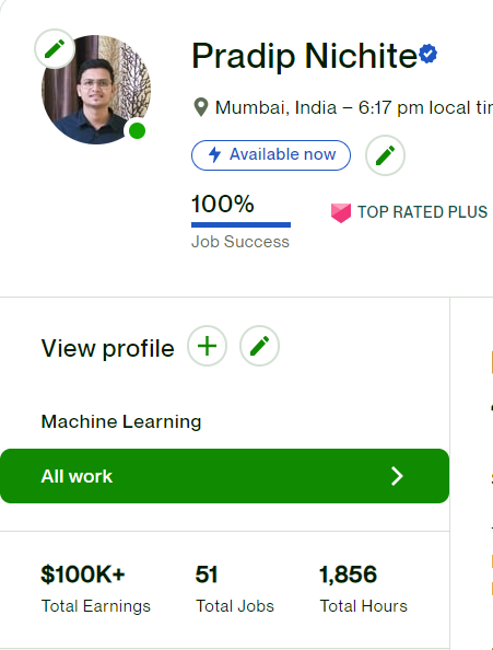 pradip_nichite's tweet image. 🚀 Thrilled to share a major milestone - crossing $100K on @Upwork  as a Top Rated Plus Freelancer with a 100% Job Success rate! 🎉

This achievement reflects my journey of building custom #NLP solutions using cutting-edge tools like @huggingface @OpenAI &apos;s ChatGPT &amp;amp; GPT-4,…