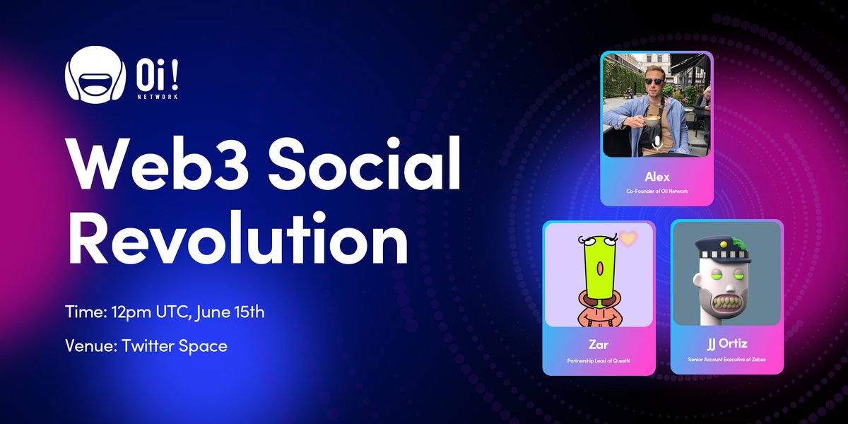 OiNetwork_IND's tweet photo. 🎙 #TwitterSpace: Revolusi Sosial Web3

Kami akan mengadakan #AMA dengan @Zebec_HQ &amp; @QuestN_com

🗓 15 Juni, pukul 12 siang, UTC
🎁 500 $MOM yang dipertaruhkan
🔗 https://t.co/k3KlWNrjUH…

Ikuti @OiNetwork_xyz, @Zebec_HQ &amp; @QuestN_com

Suka, Bagikan &amp; RT! 🛸 https://t.co/fXLlUtyTk0