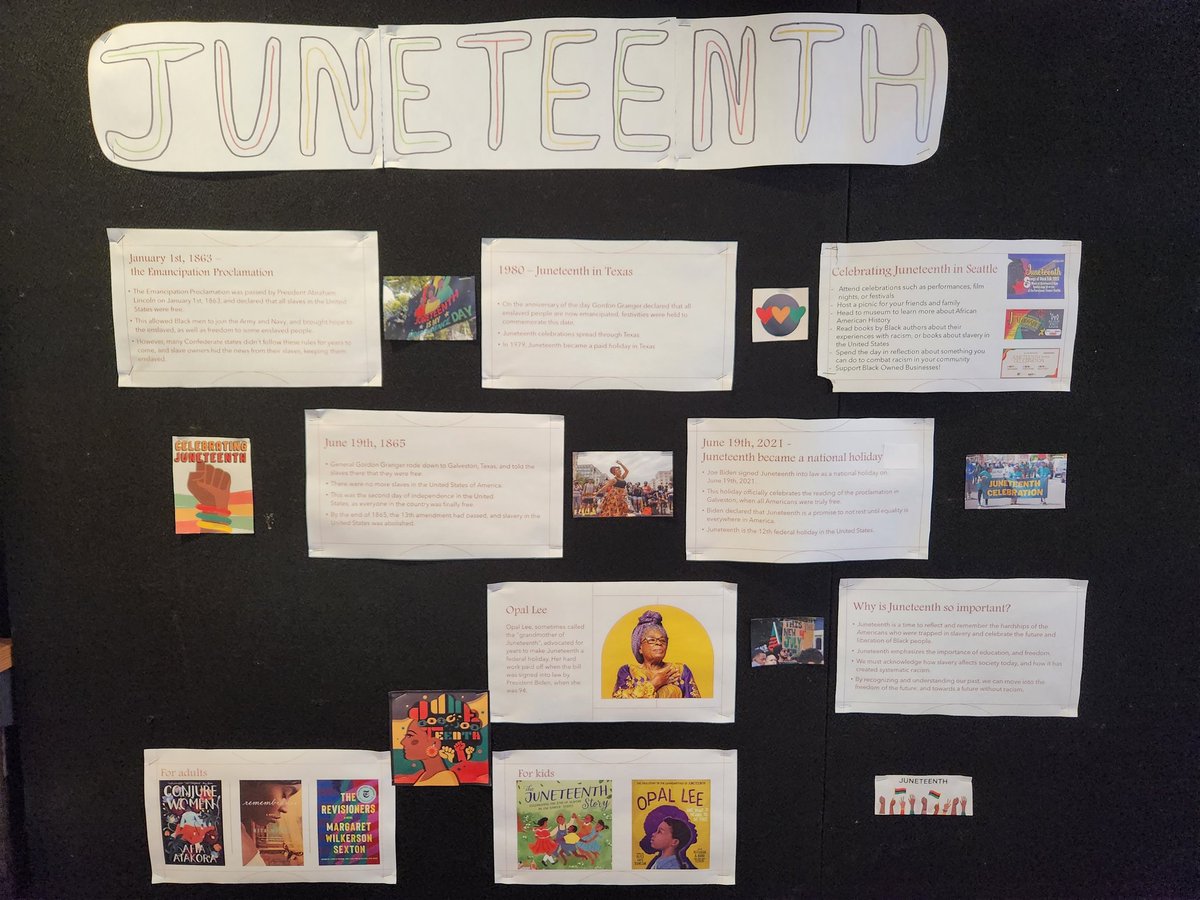 Juneteenth Display at The Wallingford Branch, created and set up by students from Lincoln High School. 
.
The display features information, historical events and book titles about Juneteenth.
.
.
#juneteenth #library #librarydisplay #books @SPLBuzz