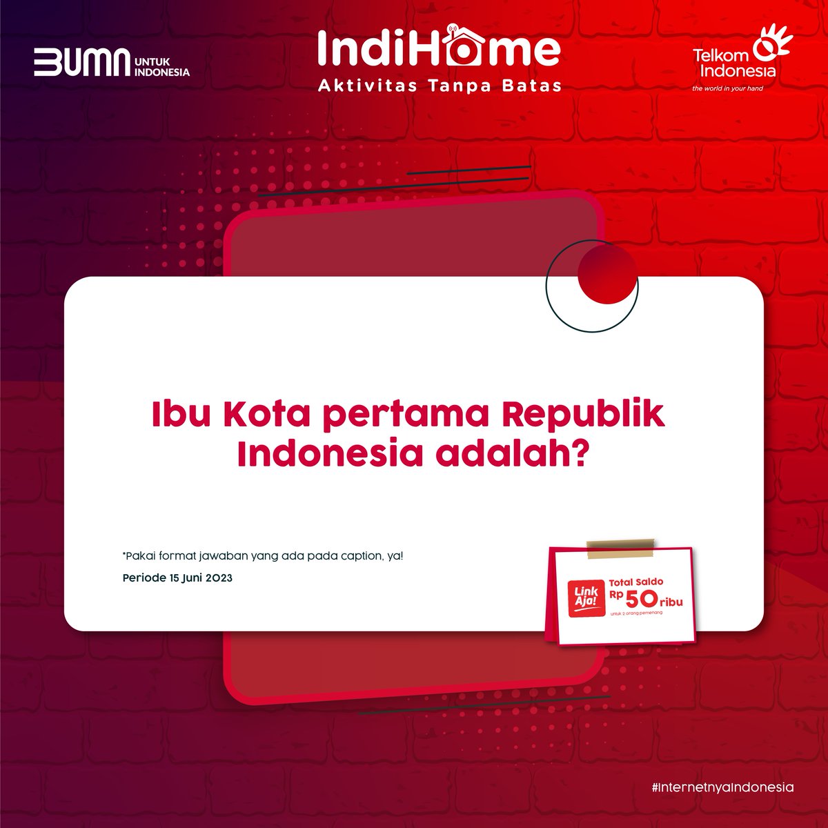 IndiHomeCare's tweet photo. Mau dapet hadiah dari IndiHomeCare?😉

Yuk, jawab kuis berikut ini dan reply sebanyak-banyaknya biar jadi pemenang dan raih hadiah saldo LinkAja senilai Rp50.000 masing-masing untuk 2 Sobat beruntung

Follow @IndiHomeCare dan pakai tagar #KuisIndiHomeCare saat menjawab, ya! https://t.co/kao0Po7kxB