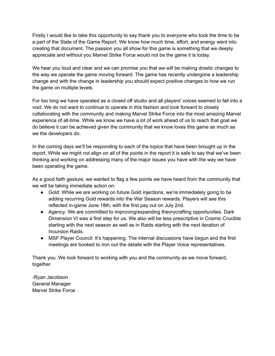 MsfPlayerVoice's tweet image. The State of The Game Report that was sent to Scopley received a response earlier today, be sure to join the discord at discord.gg/msfpv to get the most up to date information.