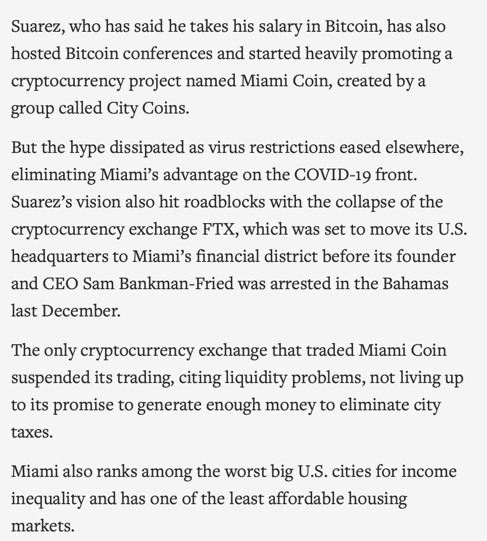 Miami ranks among the worst big US cities for income inequality and has one of the least affordable housing markets.

So naturally, Miami Mayor Francis Crypto Bro Suarez enters crowded GOP presidential race days after Trump’s indictment

#FTX #CryptoScam 

apnews.com/article/franci…