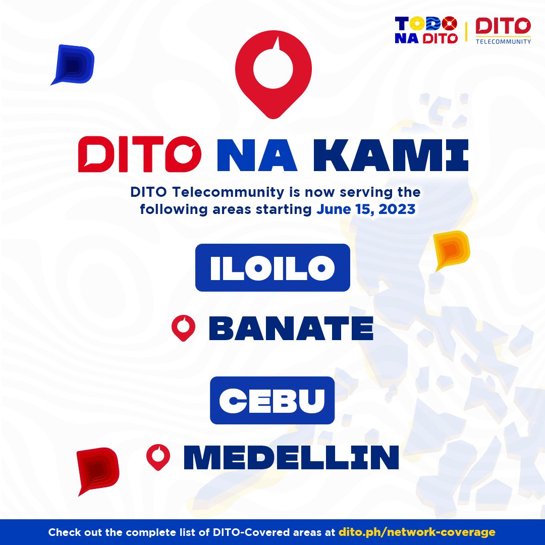 DITOphofficial's tweet photo. Shout out sa mga nasa mga  Banate, Iloilo &amp; Medellin, Cebu -- DITO-covered na ang ilang lugar diyan sa inyo starting June 15, 2023! 🙌

Order a DITO SIM now!
❤️ Shopee: https://t.co/D3clWjPndH
💙 Lazada: https://t.co/rsjLQpC8ir

📍 Learn more: https://t.co/uuaoOaERBq

#DITOnaKami https://t.co/M4pooBKQuO