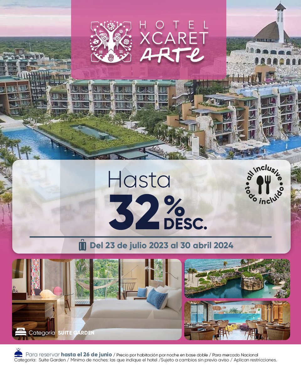 Aprovecha nuestra promoción en Hoteles XCARET  y descubre El concepto All-Fun Inclusive® Recuerda que los traslados Apto-Htl-Apto  y los acceso  ilimitados a los parques más queridos e icónicos de Cancún.
#solylunatravel #ElPlacerDeViajar
