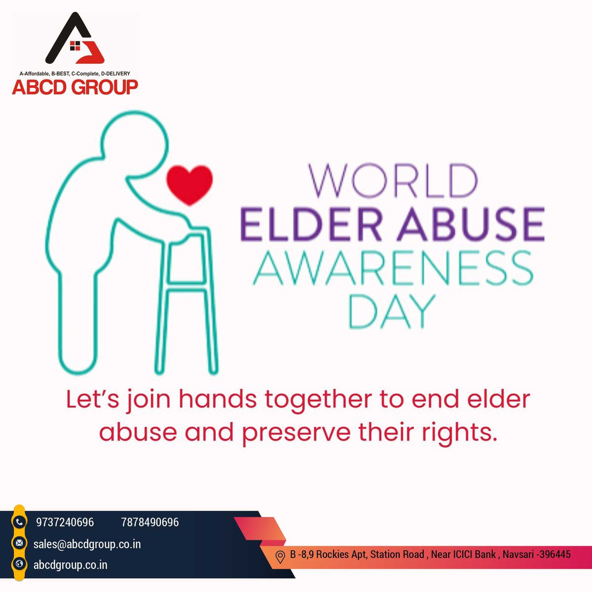 Greetings from ABCD GROUP 'Let's buiit strong support to our elders.'
                    #AgeismAwareness #ElderAbusePrevention #ElderRights #SeniorSafety #ElderCareMatters #ElderlyProtection #ElderlyEmpowerment #EndElderAbuse #RespectOurElders #SpeakUpForSeniors
