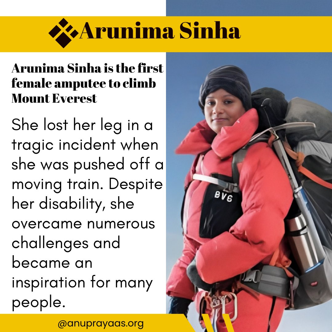 Arunima Sinha is an inspiration to us all. She is the first female amputee to climb Mount Everest, and she did it after losing her leg in a tr agic incident. She never gave up on her dreams. #ArunimaSinha #Inspiration #NeverGiveUp #Disability #Adversity