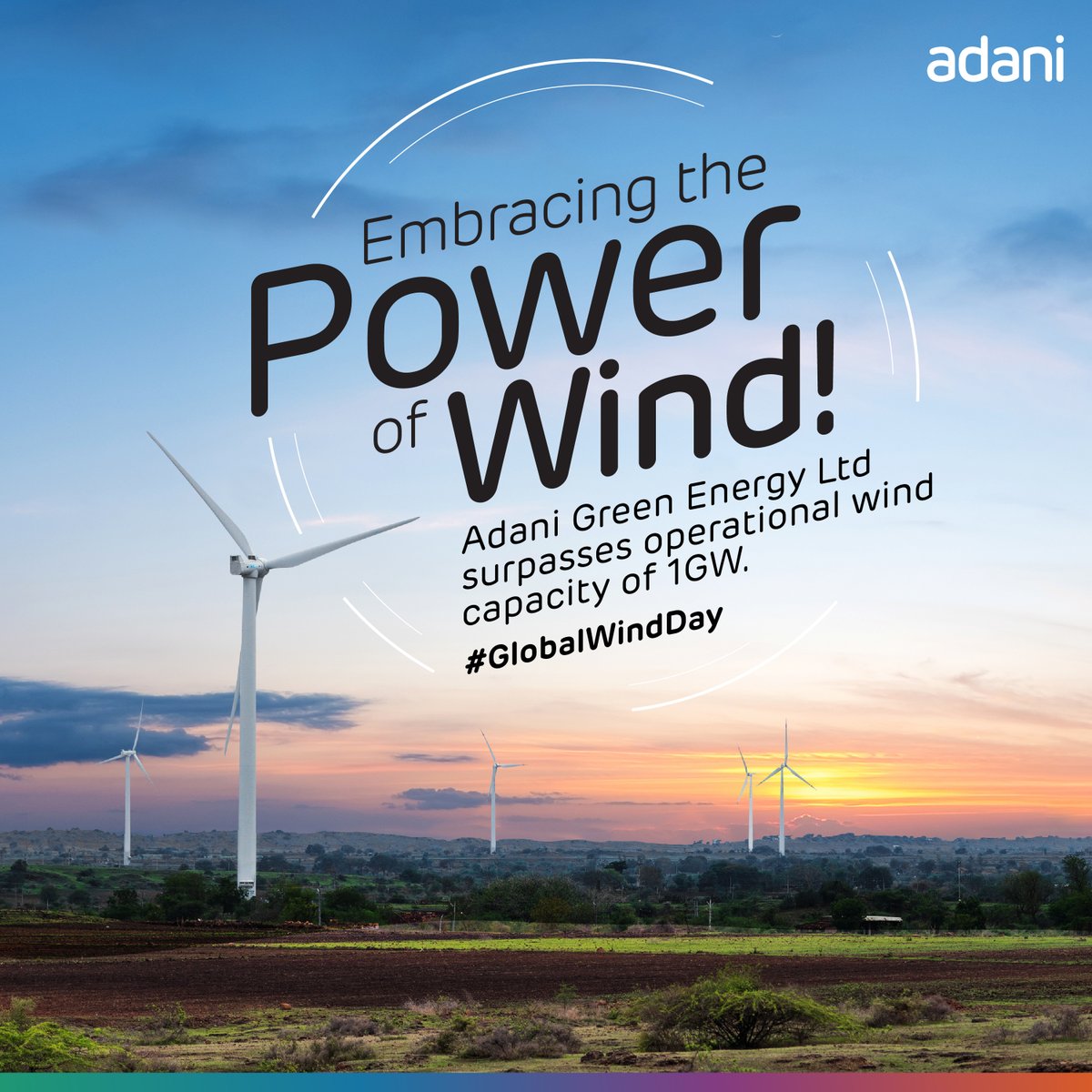 Celebrate #GlobalWindDay with us as @AdaniGreen (AGEL) achieves a major milestone! Our operational wind generation capacity has crossed 1GW with the commissioning of a 130 MW wind power plant in Gujarat. Together, let's harness the power of wind for a #sustainable future.