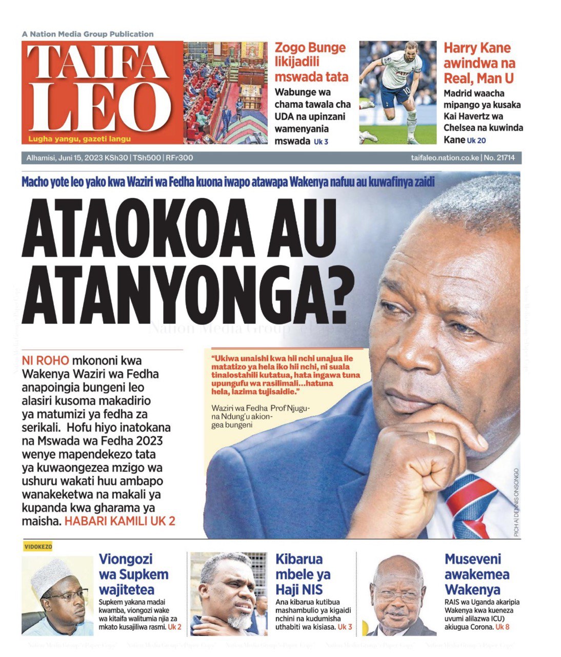 Rude headline on Kenya's Taifa Leo tabloid, reporting Ng'ang'a and