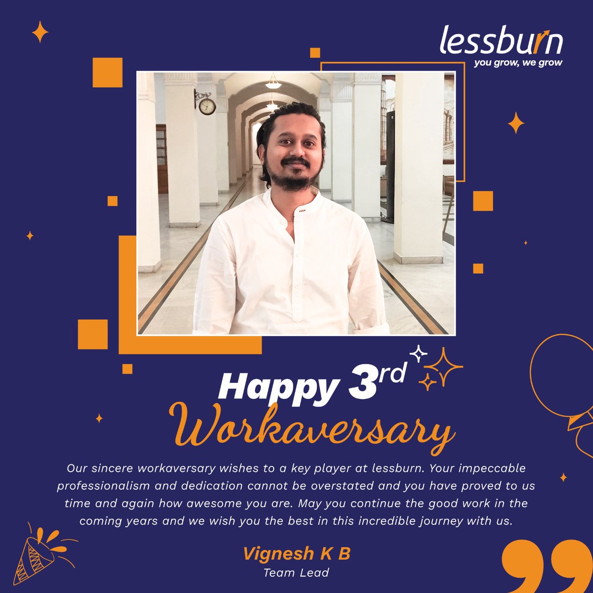 lessburn's tweet photo. Our heartfelt wishes to Vignesh KB on completing three years at lessburn. Your dedication and passion for your work makes you the success that you are.
Happy 3rd Workaversary!π€©
#3YearJourney #WorkAnniversary #lessburn #BusinessInformation #BusinessSupport #DigitalMarketing https://t.co/onzK92JPA9