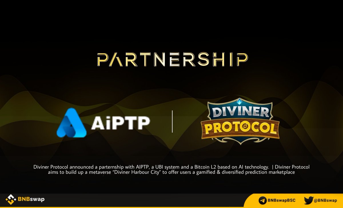 BNBSwap's tweet photo. 📢 @DivinerProtocol announced a parternship with @aiptpcom, a UBI system and a #Bitcoin L2 based on AI technology. 

Diviner Protocol aims to build up a #metaverse “Diviner Harbour City” to offer users a gamified &amp; diversified prediction marketplace

#BSC #AI #Web3 #Crypto $ATMT https://t.co/KhFWp8ou50