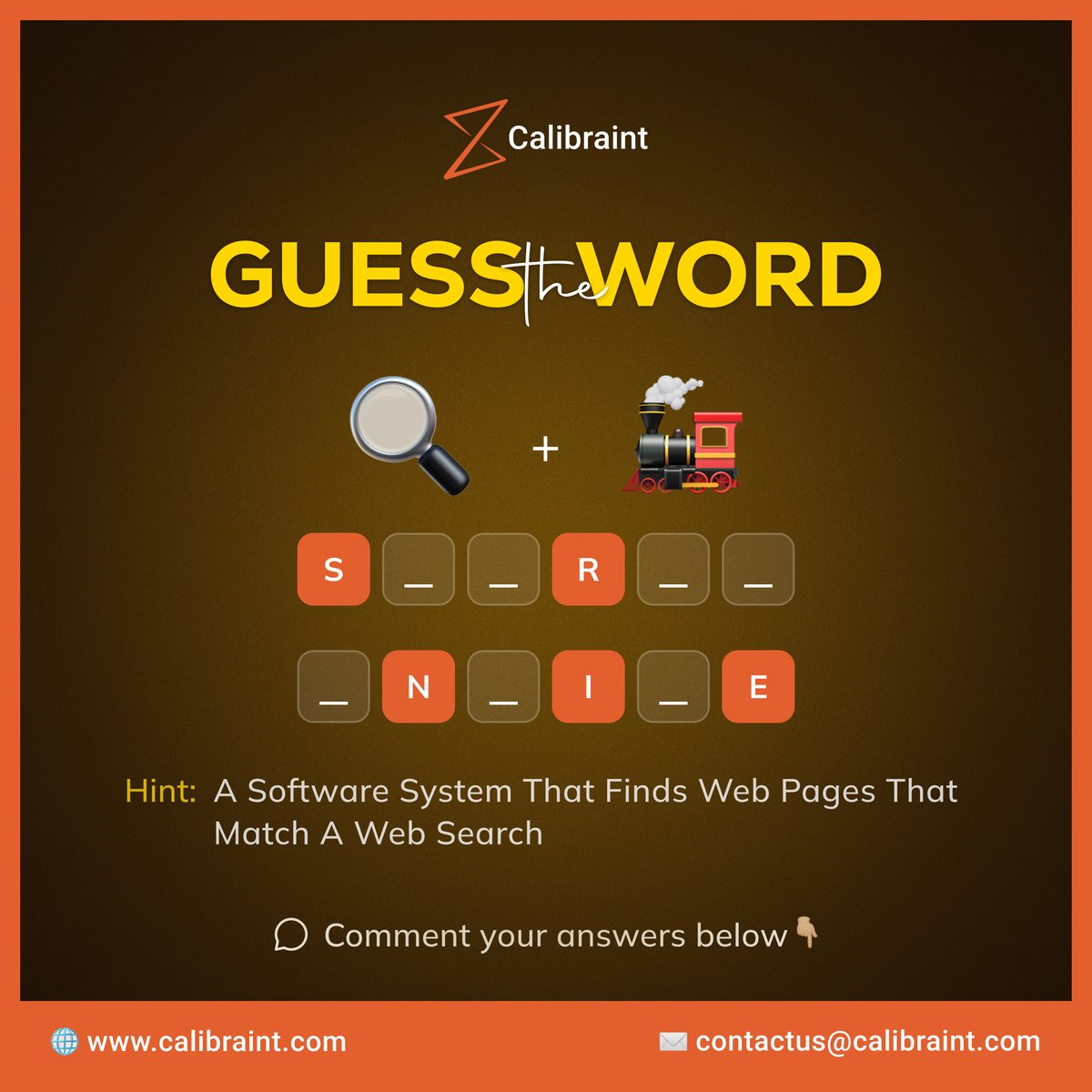 Can You Decipher The Riddle And Unlock The Answer? 👨‍💻 #Calibraint      

Website: lnkd.in/f_zs7rM 

#puzzles #puzzle #riddles #riddle #quizzes #quiz #guesstheword #softwaredevelopment #quiztime #solveproblems #techquiz #comment #iotsolutions #softwaredevelopmentcompany
