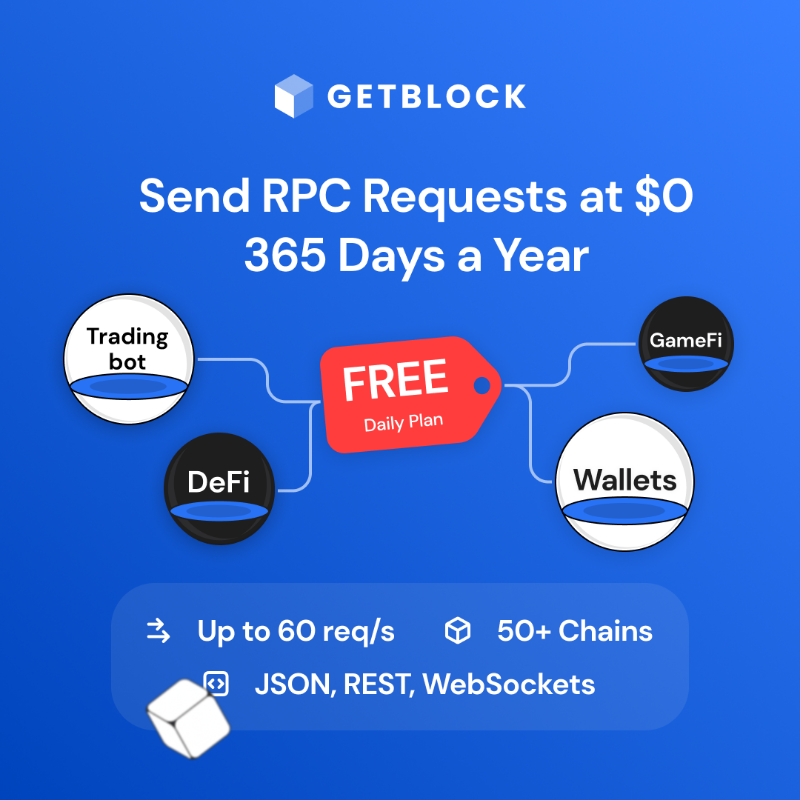 getblockio's tweet photo. Blockchain dev + Forever free RPC = 🤘in Web3

With $0 plan at GetBlock you get access to 50+ protocols, unlimited number of endpoints, stable connection at 60 req/sec, truly helpful customer support, 99%+ SLA … and awesome dApp after all😎
