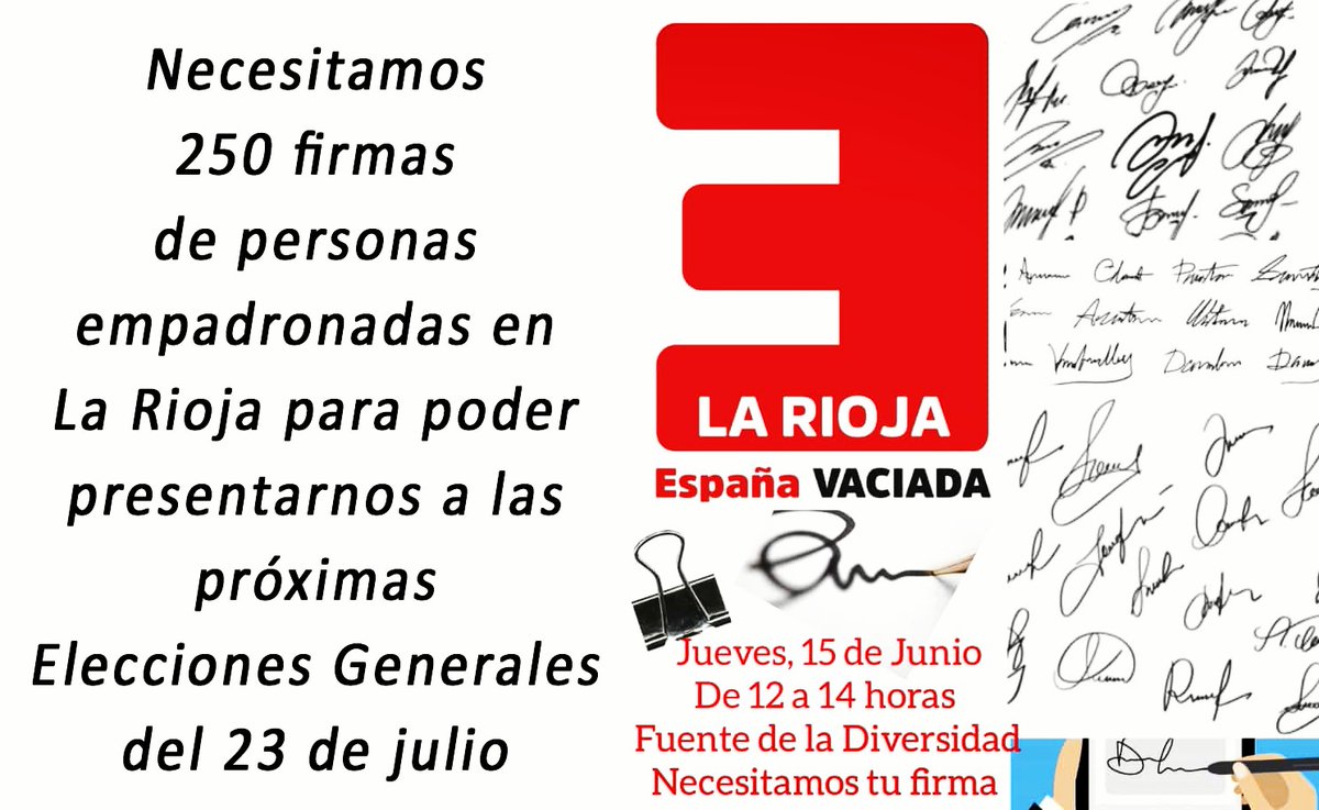 ¿Nos ayudas? ✍️
Durante estos días estamos recogiendo firmas para poder presentarnos a las elecciones generales. Durante esta mañana lo haremos presencialmente en el entorno de la Plaza de la Diversidad - Fuente de Murrieta de Logroño.