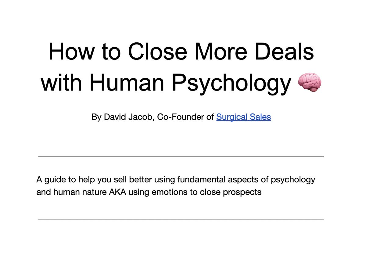 Looking to close more high-ticket deals?

Then you need to master human psychology.

The best salesman in the world have a fundamental understanding of their prospect's psychology.

This guide shows you how to do it.

Like + comment "psychology" &amp; I'll DM it

(Must be following)