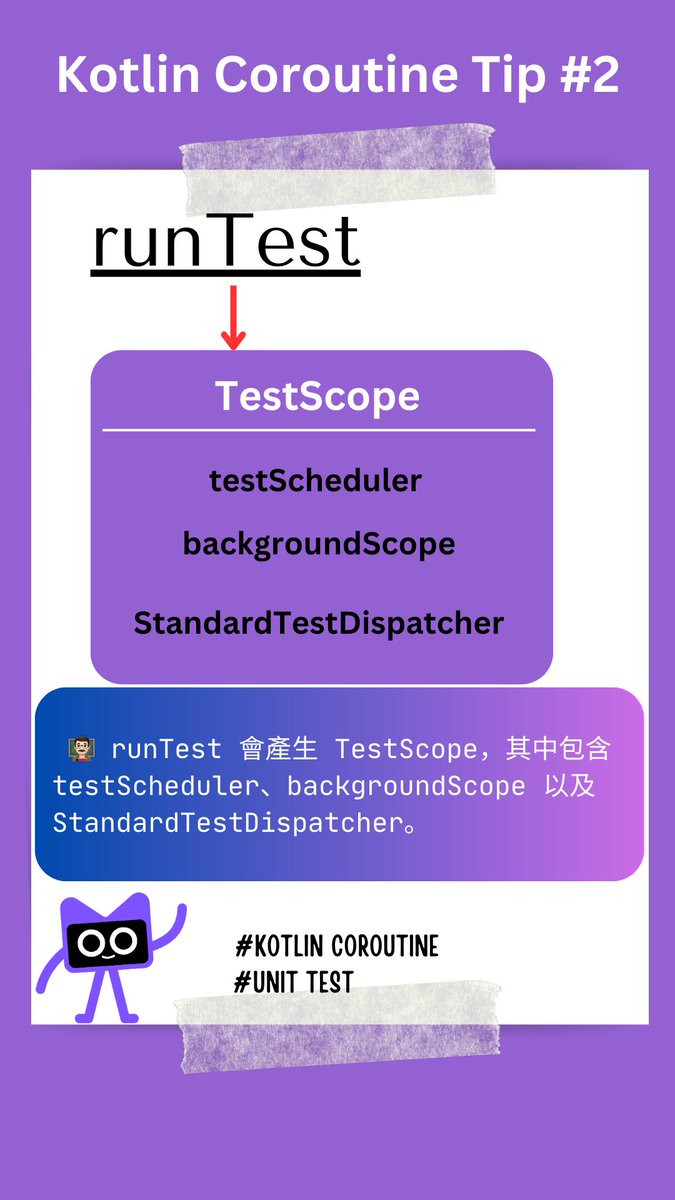 AndyLu_Taiwan's tweet image. Kotlin Coroutine tip #2
測試 Coroutine 時使用 runTest 得原因在於，它裡面包含了：
1. testScheduler
2. backgroundScope
3. StandardTestDispatcher

在測試中，預期的行為是要與實際的程式碼相同，但是希望可以不要實際作一些動作。

#KotlinCoroutineTip #Kotlin #Kotlin小宇宙