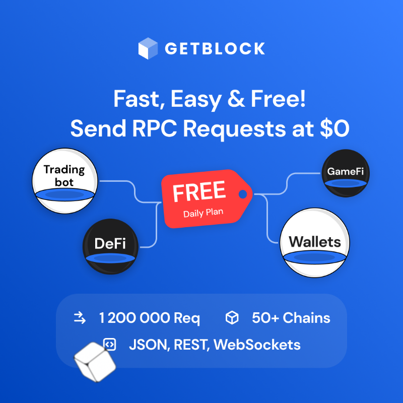 getblockio's tweet photo. Blockchain dev + Forever free RPC = 🤘in Web3

With $0 plan at GetBlock you get access to 50+ protocols, unlimited number of endpoints, stable connection at 60 req/sec, truly helpful customer support, 99%+ SLA … and awesome dApp after all😎