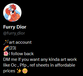 MaroonThefox's tweet photo. #scammers 
⚠️ Watch out for these art scammers ⚠️

Look at:
- Followings (probably thousands)
- Bio (the same as those below)

Do not follow them back, contact them or reply to their messages. Just ignore them and enjoy your +1 follower. 🦊👍 https://t.co/fTenRkuhzY