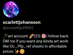 MaroonThefox's tweet photo. #scammers 
⚠️ Watch out for these art scammers ⚠️

Look at:
- Followings (probably thousands)
- Bio (the same as those below)

Do not follow them back, contact them or reply to their messages. Just ignore them and enjoy your +1 follower. 🦊👍 https://t.co/fTenRkuhzY