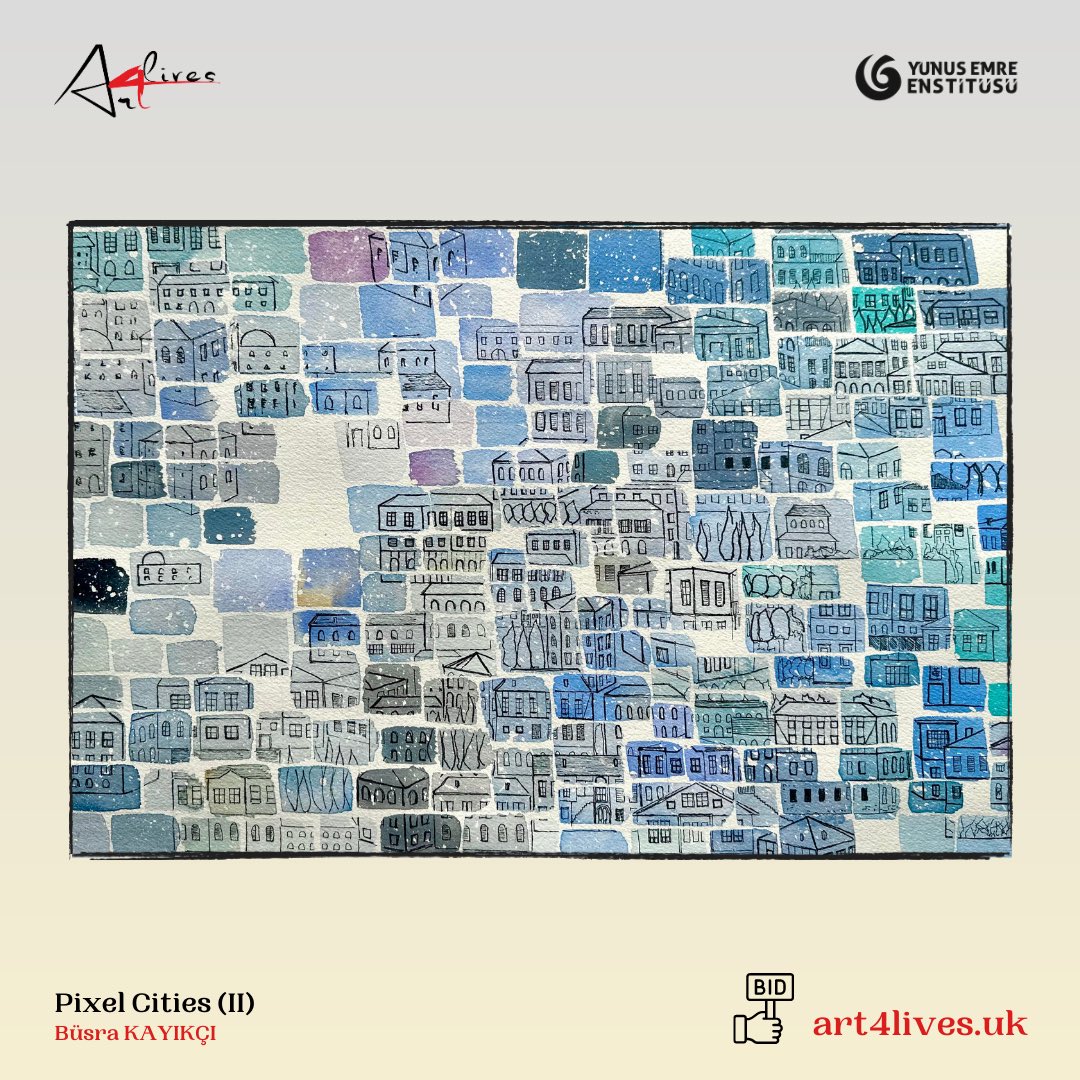 art4lives's tweet photo. Pixel Cities (II) by Büşra Kayıkçı @kayikcibusra_
- The medium is a watercolour and rapido on 300gsm Arches cold press watercolour paper.
- Size is 46x61 cm.
- It is at our online  charity auction https://t.co/JEQSBsajZ6 to help people affected by the earthquake in Türkiye. https://t.co/0JCKygUT7F