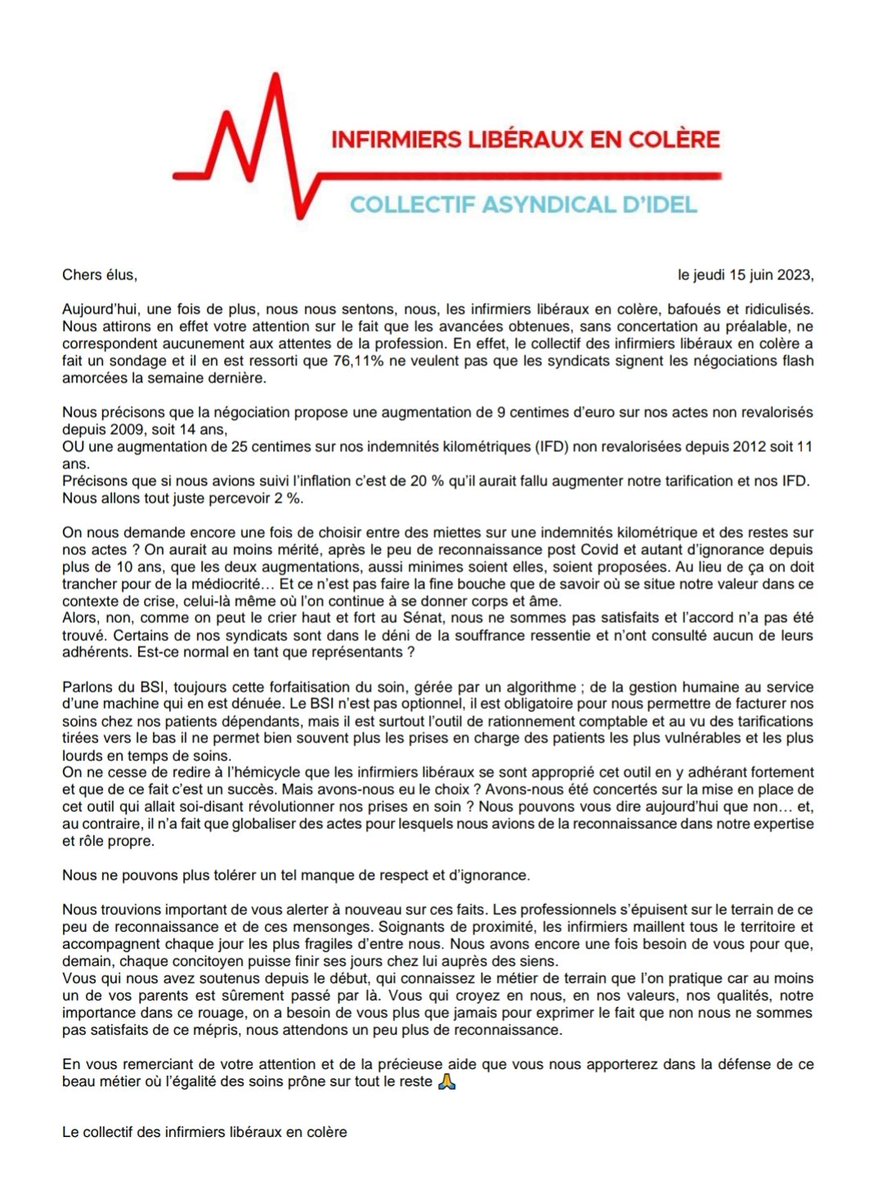 Le dernier courrier du collectif #Infirmiersliberauxencolere envoyé aux différents élus Sénateurs et Députés.

Nous ne devons pas rester des Invisibles, continuons à nous faire entendre pour ne plus avoir des miettes mais avoir la baguette.
#durespectpourlesidelspasdesmiettes
🫶