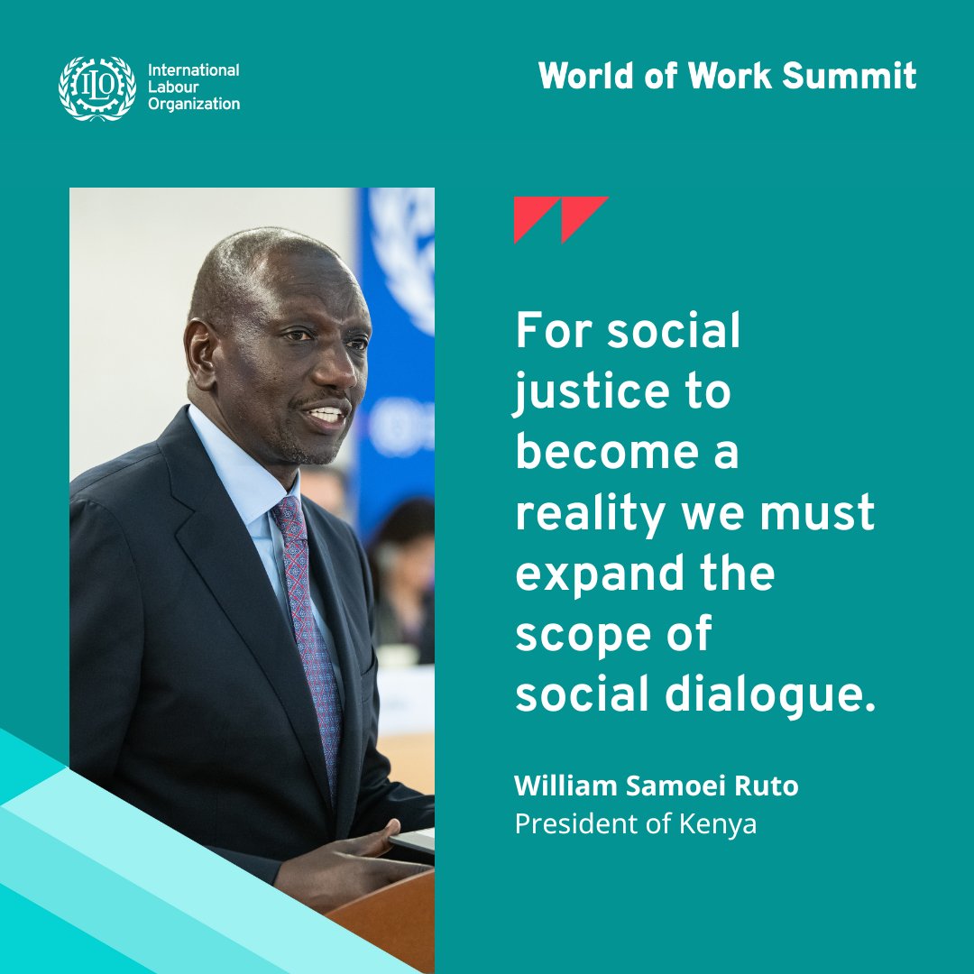 President of the Republic of Kenya, @WilliamsRuto’s message to the World of Work Summit at #ILC2023 highlighted the need of #SocialDialogue to achieve #SocialJusticeForAll.